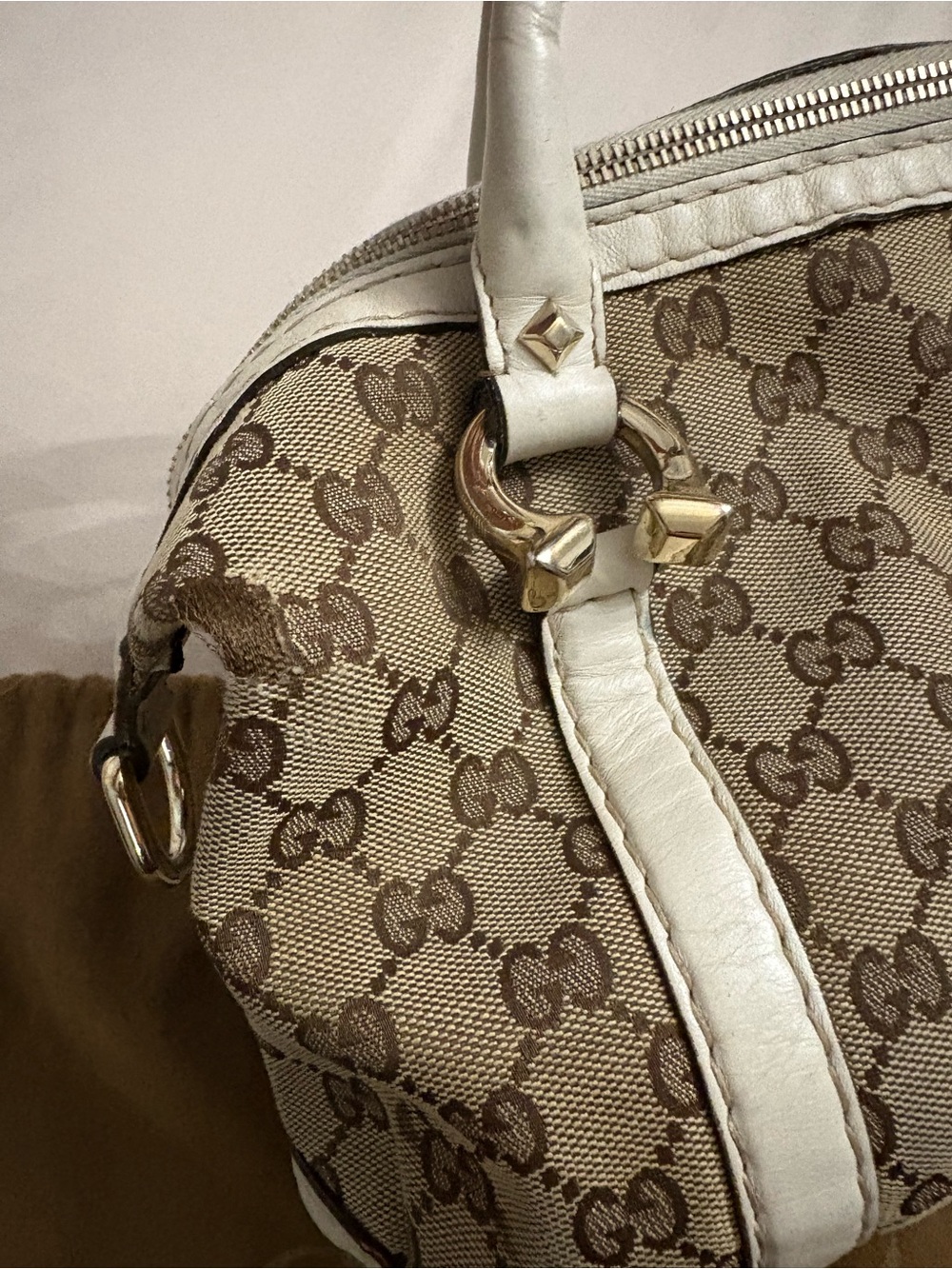 Gucci Beige GG Canvas Satchel with White Leather Trim and Gold Hardware - Picture 2 of 6